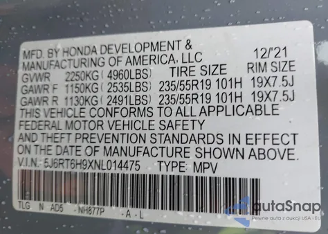 2022 Honda Cr-V Hybrid Touring from USA, damaged, VIN 5J6RT6H9XNL014475